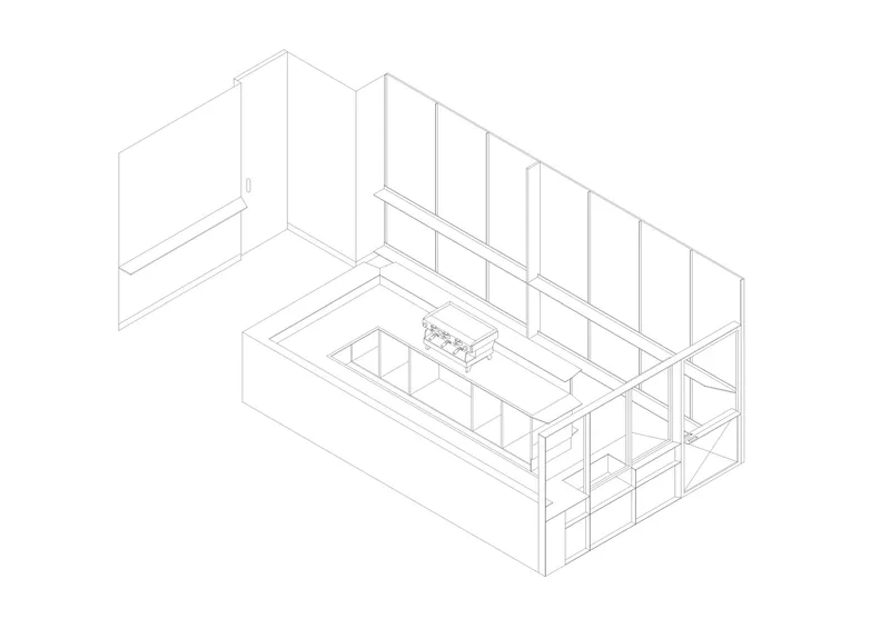 Axonometric drawing illustrating the interior volume with glazed partition and kitchen workspace