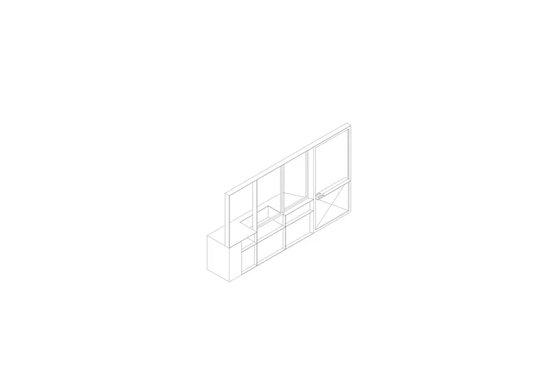 Isometric drawing of a shelving unit with multiple compartments and horizontal dividers