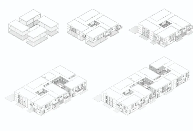 Axonometric study showing how Reborn’s residential modules can expand, connect, and adapt to different urban conditions.