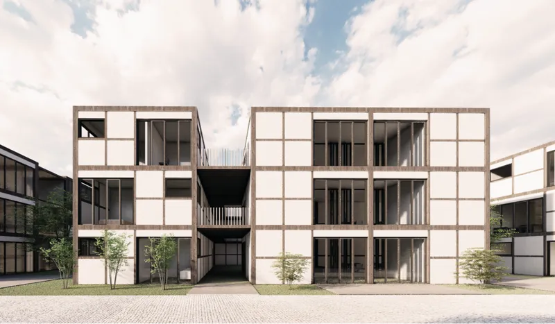 Front elevation of the residential unit, highlighting the modular facade, shared access, and earthquake-resilient housing structure.