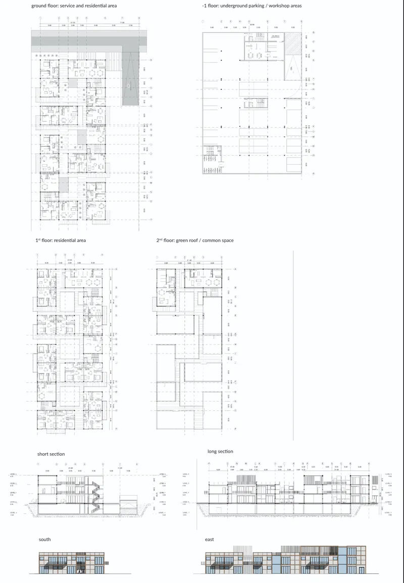 Technical drawings showing Reborn’s floor plans, sections, and elevations for a flexible residential and service housing unit.