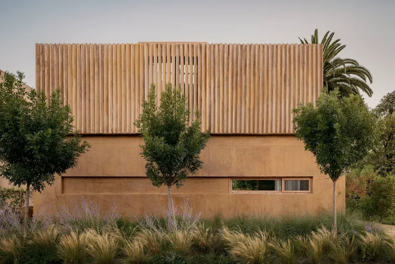 Street facade with vertical timber screen above rendered base wall and ornamental grasses