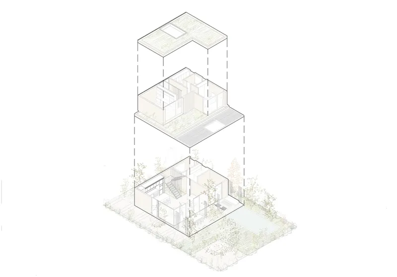 Exploded axonometric drawing showing stacked floor plates with interior spaces and surrounding vegetation