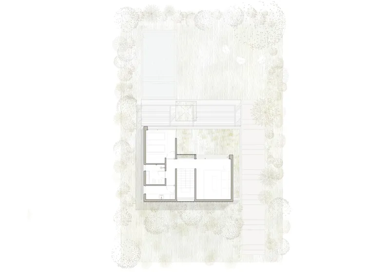 Floor plan drawing showing interior room divisions with textured floor areas and perimeter plantings