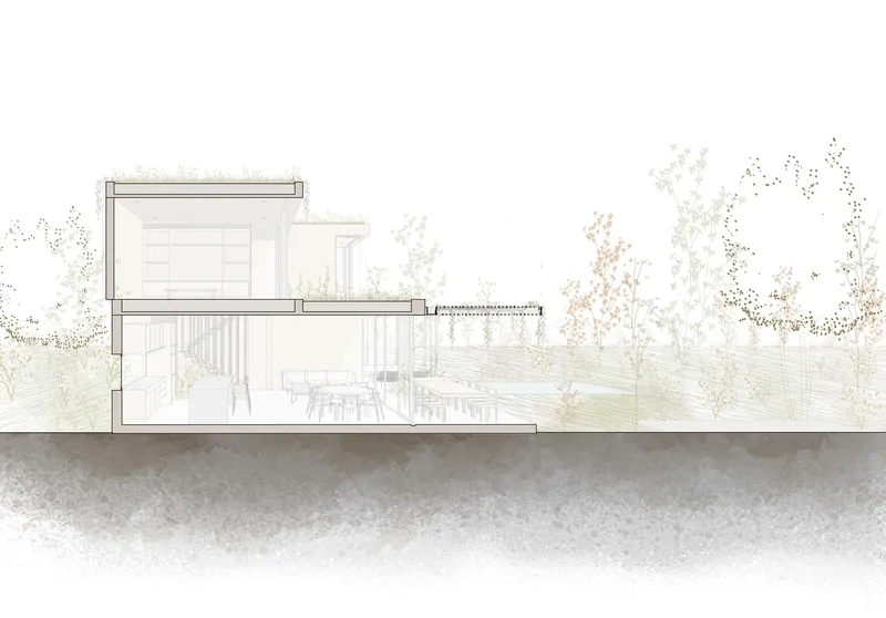 Section drawing showing a timber-clad volume with exterior deck extending into the landscape