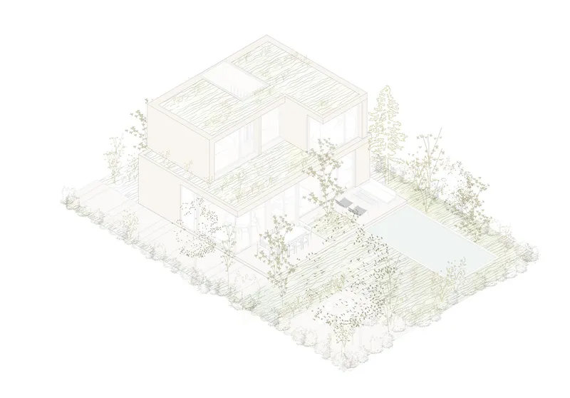 Isometric drawing revealing interior courtyard spaces carved into the stacked volumes