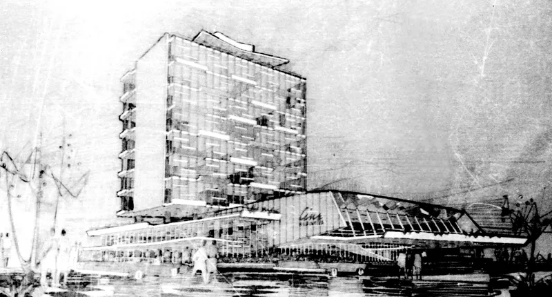 Perspective rendering of the tower block and low-rise cinema wing with figures walking through the plaza
