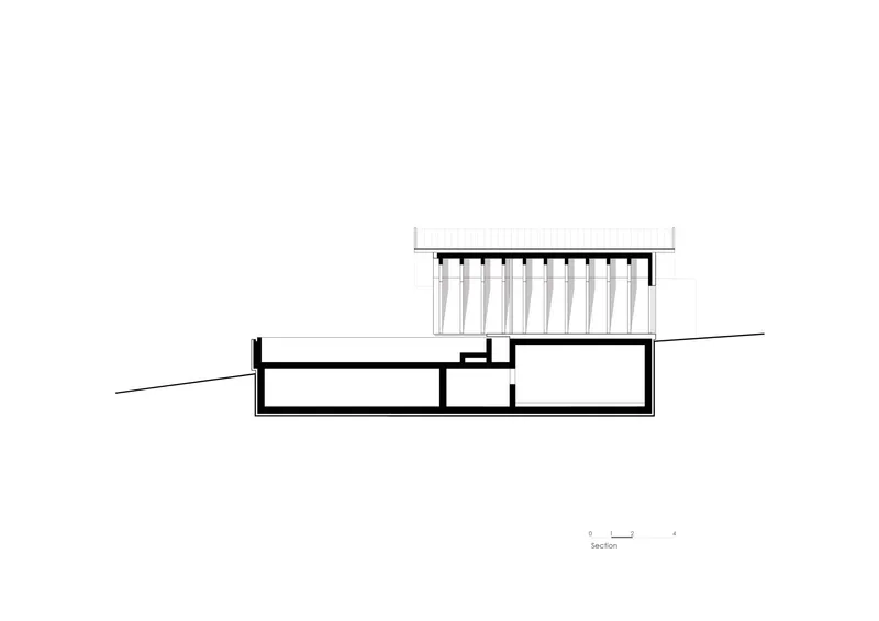 Section drawing showing a partially submerged structure with angled timber columns supporting a flat roof
