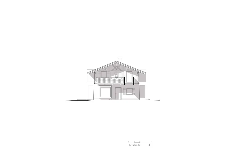 East elevation drawing depicting a two-story gabled house with balcony and multiple window openings