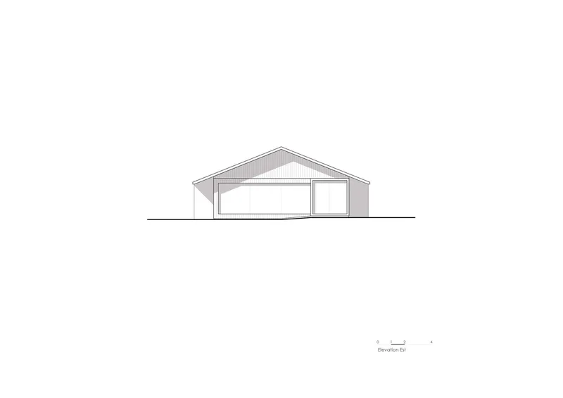 East elevation drawing showing a single-story gabled structure with large glazed opening and side window