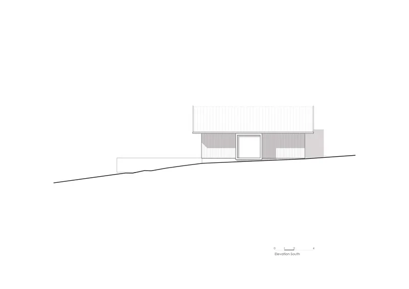 Elevation drawing showing a low-profile rectangular volume on a sloping grade line