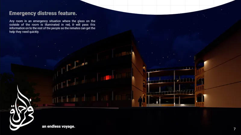Night view demonstrating the integrated emergency distress feature for faster resident assistance.