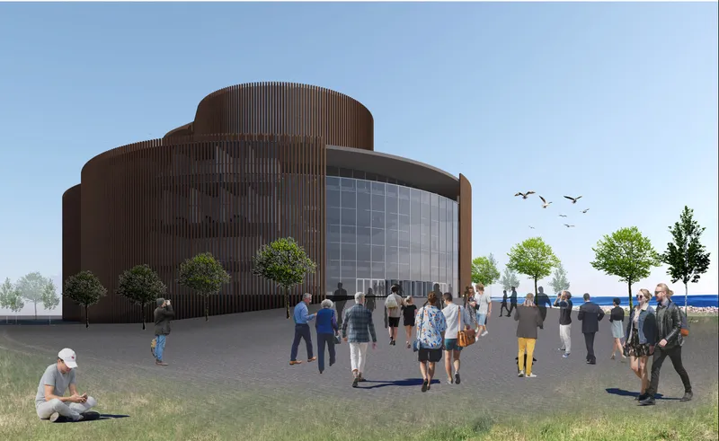 Exterior rendering of the cylindrical ribbed facade and glazed entrance with pedestrians and trees along a waterfront promenade