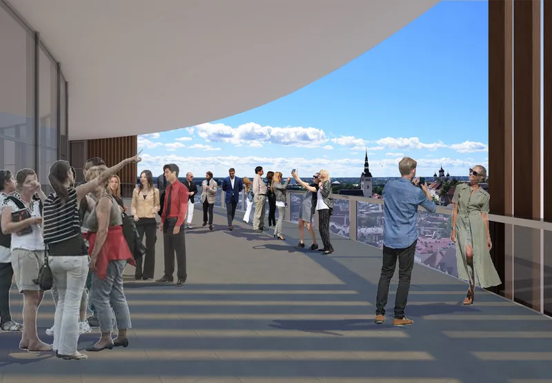 Open-air terrace with visitors overlooking a historic urban skyline framed by a curving canopy overhead