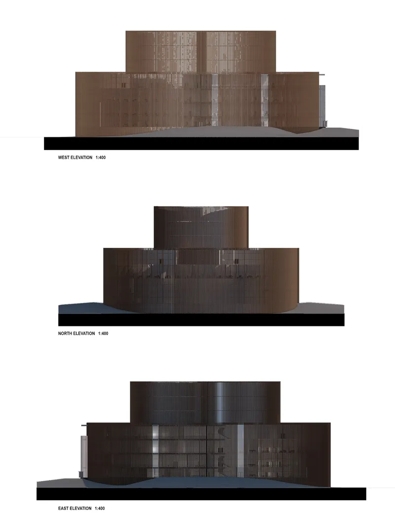 Elevation drawings showing the ribbed brown facades and transparent glazed openings from west, north, and east sides