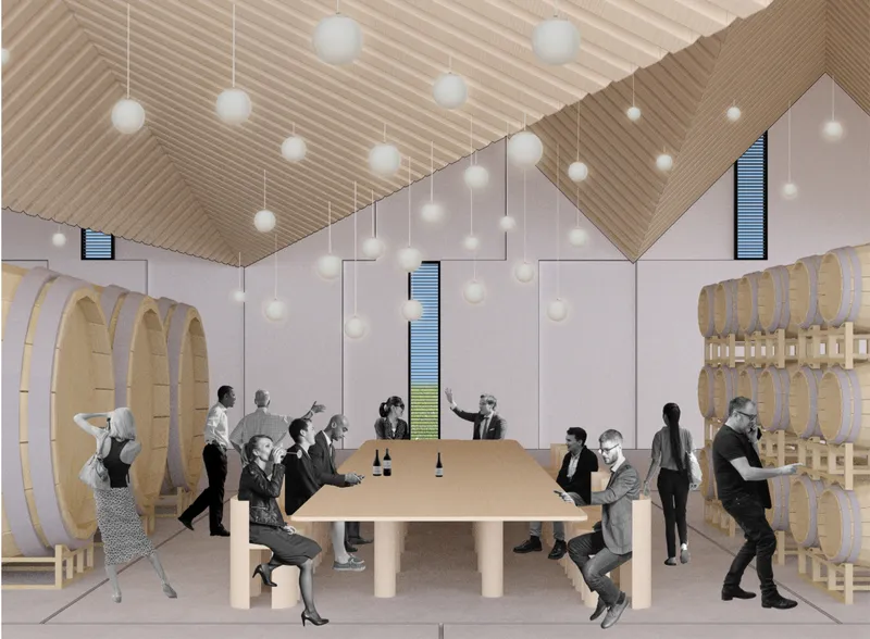 Barrel room interior featuring folded timber roofs, communal tasting tables, and integrated wine storage.