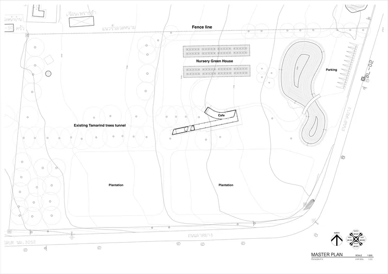 Master plan drawing showing nursery green house, cafe building and plantation areas with parking