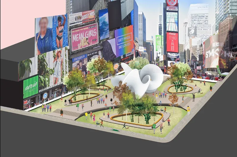 The pavilion anchors a landscaped public realm in Times Square, connecting sculptural architecture with paths, greenery, and urban activity.