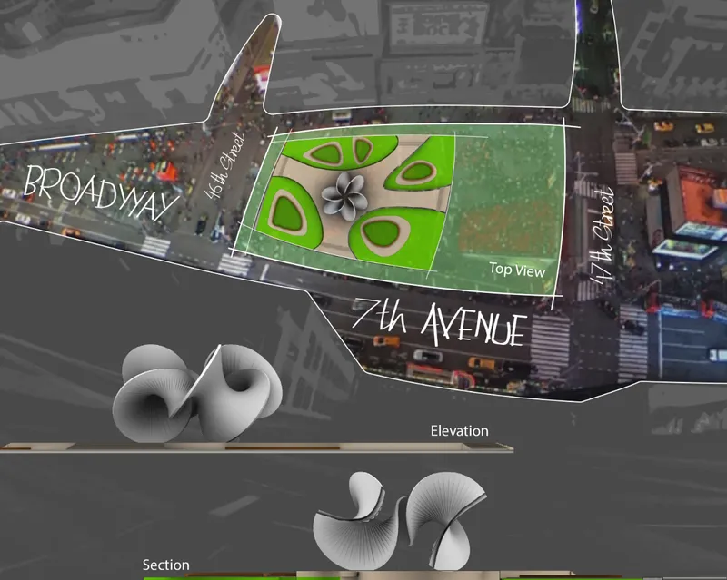 Site planning integrates the pavilion with Broadway, 7th Avenue, and surrounding pedestrian flows through a structured urban landscape.