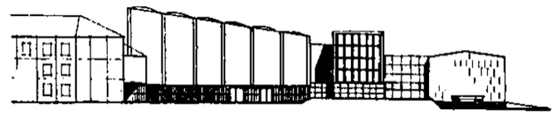Fig. 2. First concept of the MCC by Adam Kühnel – west elevation (source: J. Kowalski, Morski Dom Kultury, „Architektura” 1955, nr 4 (90), s. 87)