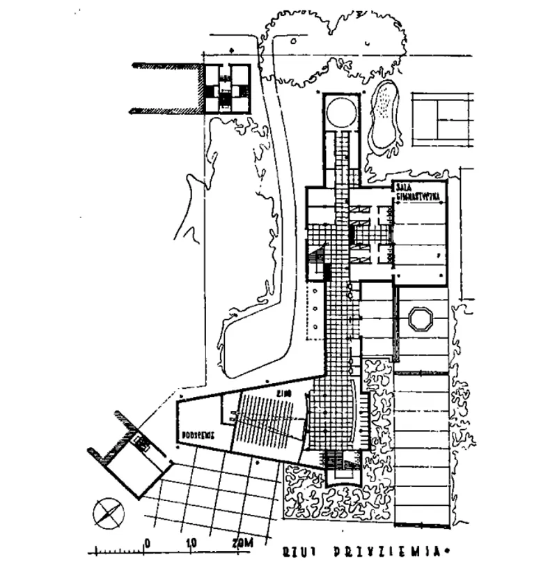Fig. 1. The first concept of the MCC by Adam Kühnl – ground floor plan (source: J. Kowalski, Morski Dom Kultury, „Architektura” 1955, nr 4 (90), s. 87)