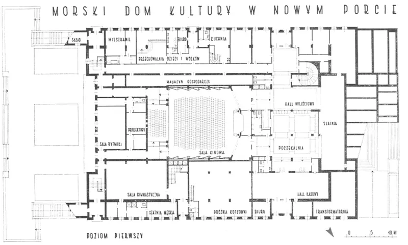 Fig. 5. Ground Floor Plan of the MCC (source: J. Kowalski, Morski Dom Kultury, „Architektura” 1955, nr 4 (90), s. 86)