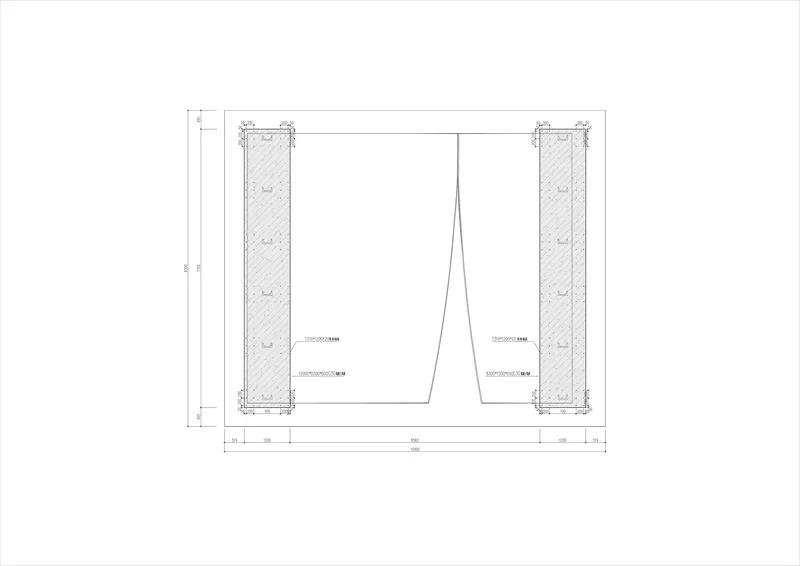 Section drawing depicting thick hatched walls flanking a central triangular void space