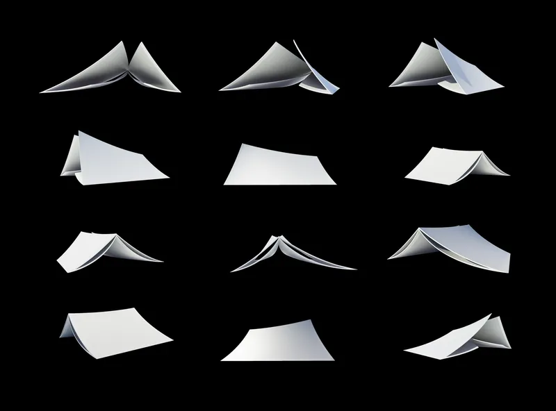 Study diagram of twelve white folded roof forms arranged in a grid on black background