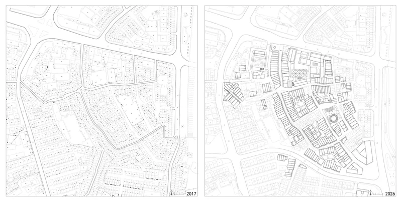Side-by-side site plan drawings comparing two phases of neighborhood development and block configuration