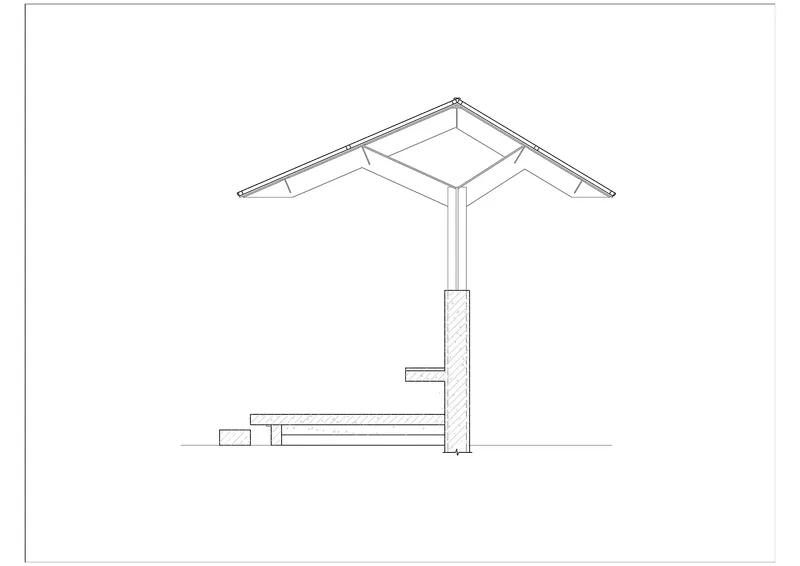 Section drawing showing the central support column with exposed roof trusses and textured wall cladding