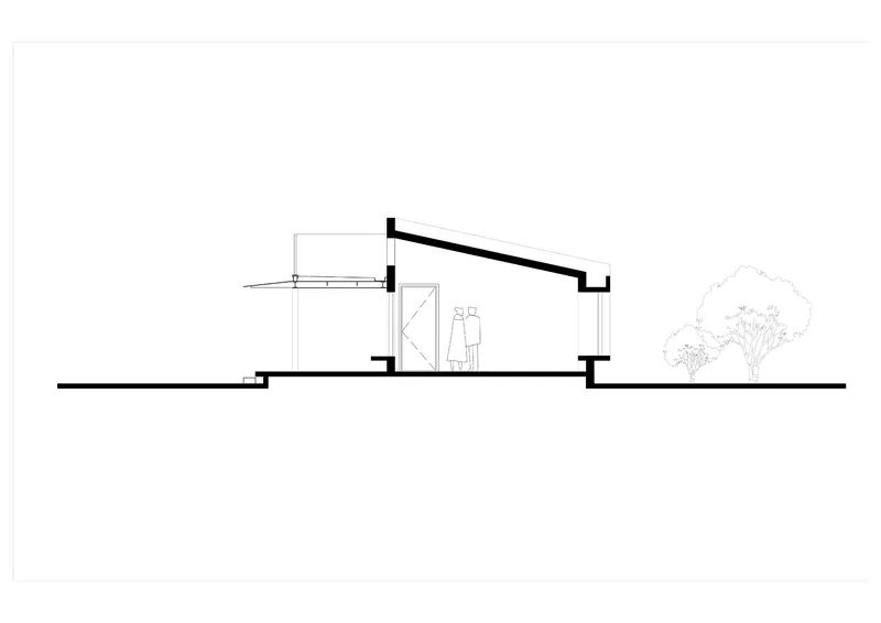 Section drawing showing a sloped roof profile with two figures and a tree sketch