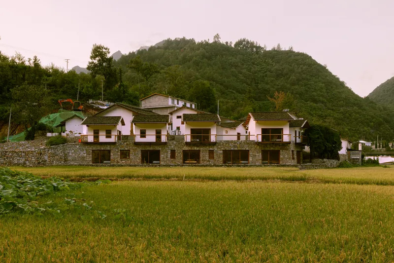 Rear elevation with stone lower level and white upper volumes facing rice fields and green hills