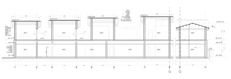 Section drawing showing multiple residential units with flat and pitched roofs across two floors