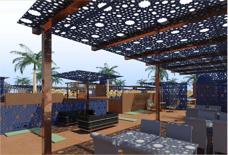 Perforated rooftop canopies provide shade while shaping vibrant communal spaces for residents.