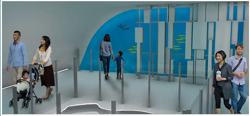 Interior rendering of an underwater viewing gallery with families looking through windows at marine life