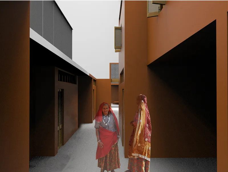 Narrow residential alleys create intimate social spaces inspired by traditional Moroccan settlement patterns.