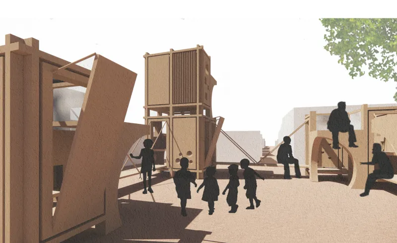 Expandable modular units form a dynamic playground shaped by collective activity and play.