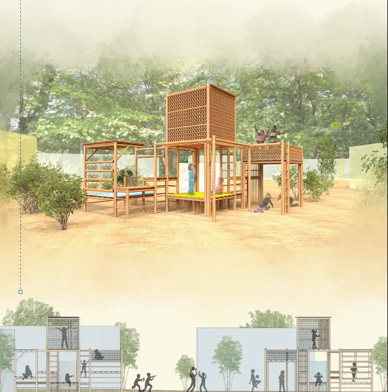 A larger modular playground forms a social landmark with platforms, ladders, and elevated activity zones
