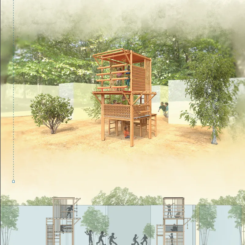 A compact vertical play tower layers climbing, lookout, and sheltered spaces within a small footprint