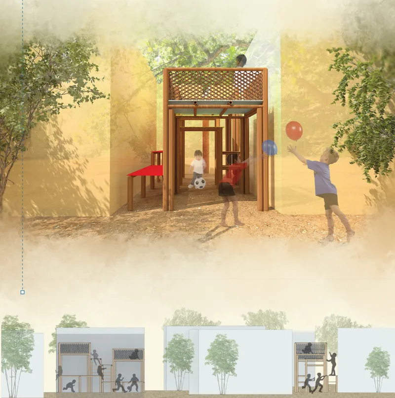A narrow modular playground transforms residual space into an active corridor for movement, games, and discovery