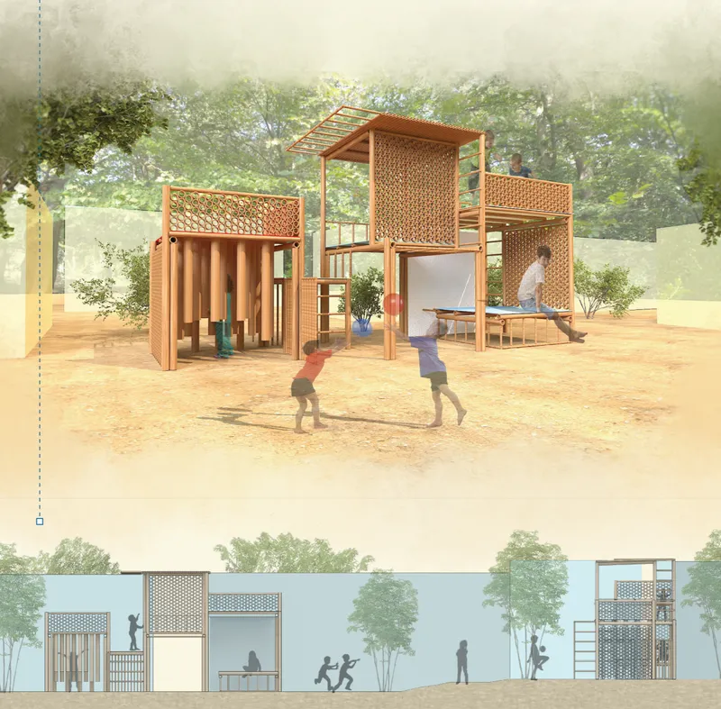 Interconnected bamboo-like structures combine climbing, seating, screens, and open-ended play