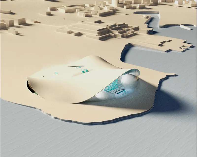 Physical model showing the undulating roof form with circular openings and surrounding site context in warm daylight