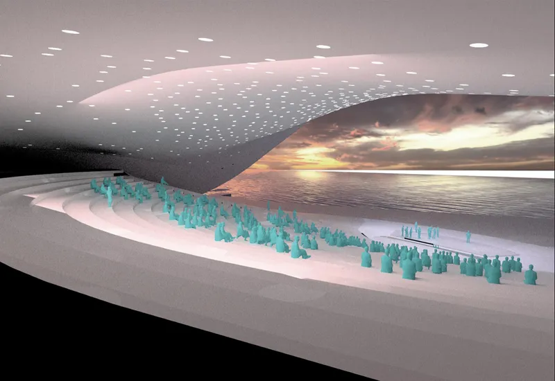 Interior rendering of the auditorium with perforated ceiling canopy and rows of figures under dramatic sunset sky