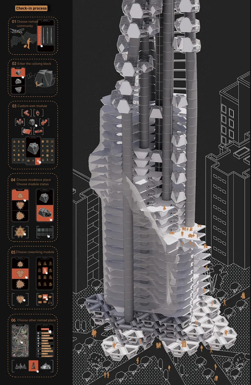 Digital check-in system enabling nomads to select, customise, and access modular spaces within the vertical community.