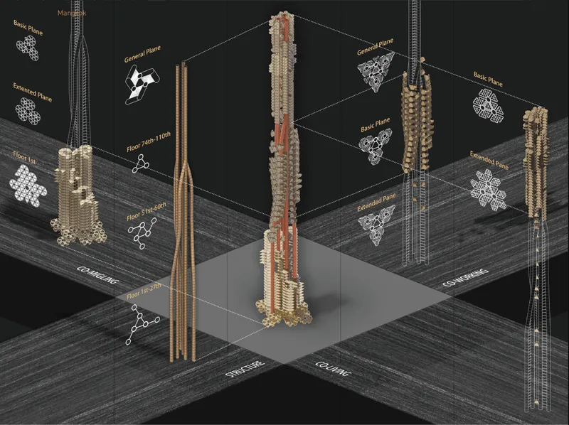 Exploded structural diagram showing the tower’s core, modular floor plates, and vertically organised living and working zones.