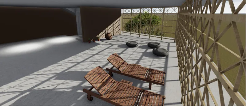 Terrace with timber slatted loungers casting shadows on the concrete floor through diagonal lattice screens