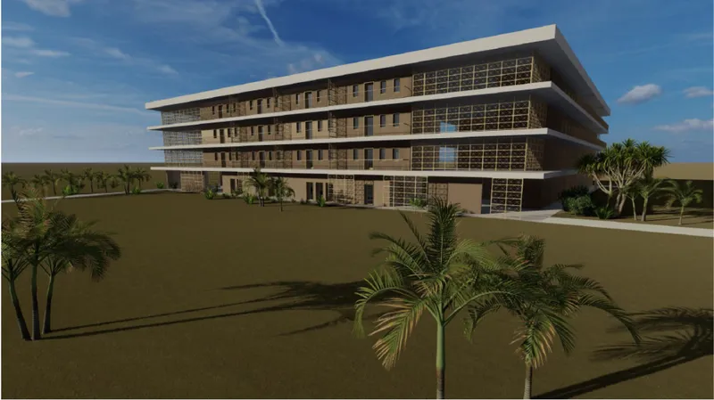 Four-story residential block with vertical lattice screens and horizontal balconies across a lawn with scattered palms
