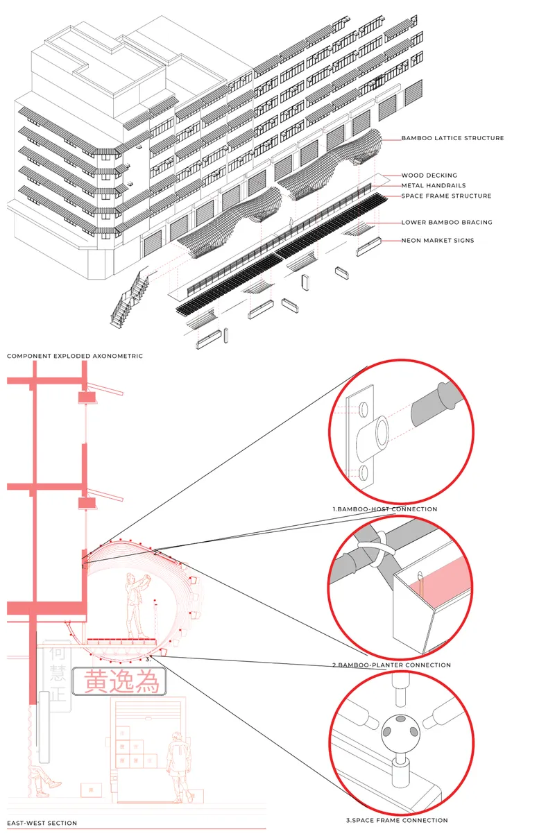 Exploded axonometric showing the bamboo lattice, elevated walkway, structural frame, signage, and connection details.