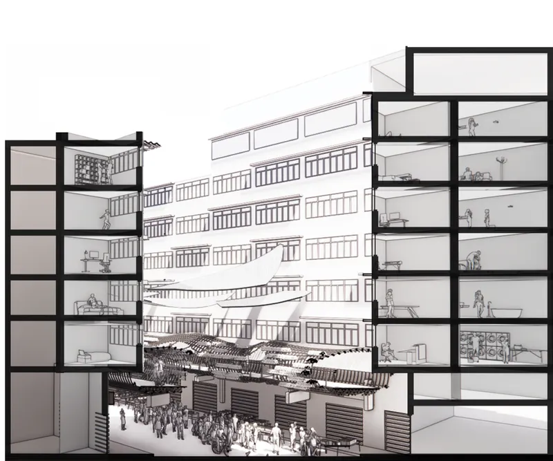 Sectional perspective illustrating the relationship between the market, pedestrian bridge, shops, and surrounding residences.