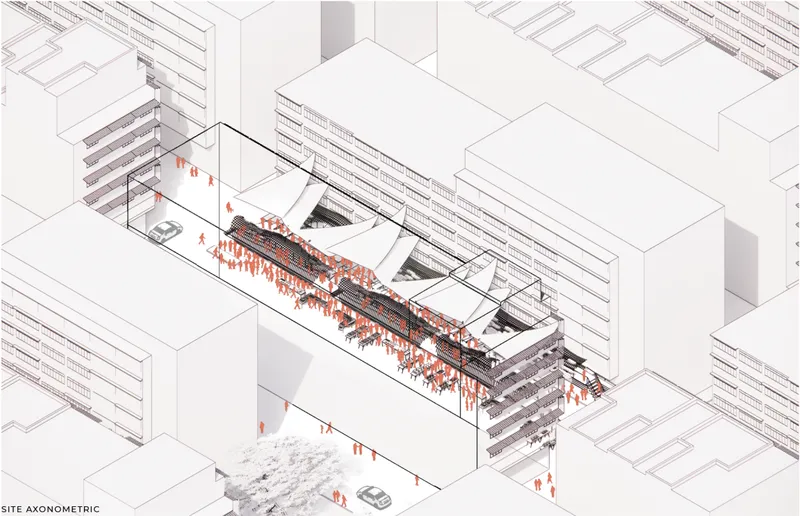 Site axonometric showing how the parasitic intervention integrates circulation and public space within Yau Ma Tei’s dense urban fabric.